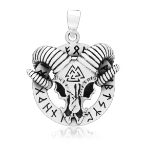 925 Sterling Silver Goat Head Pendant With Valknut and Runes