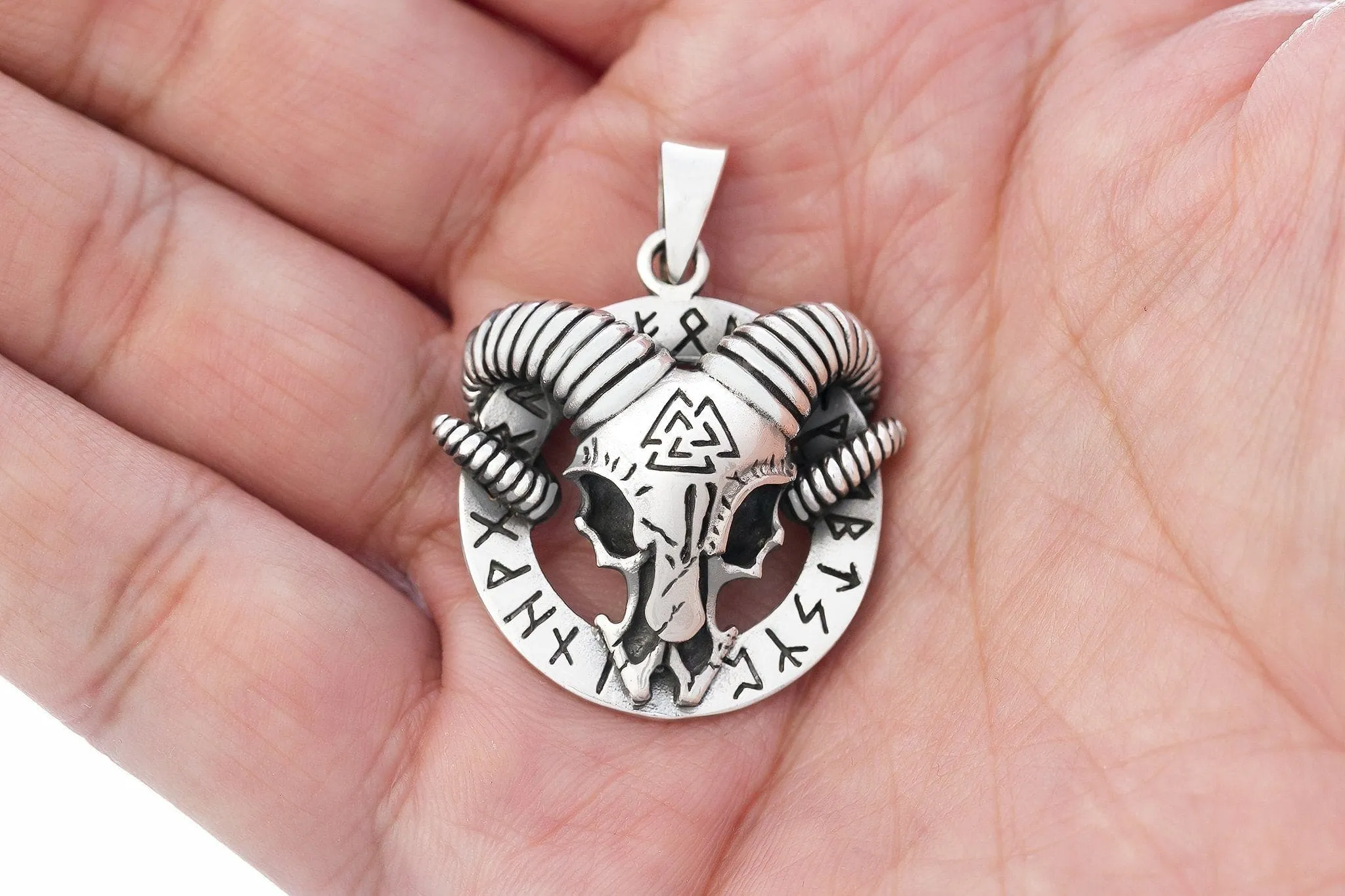 925 Sterling Silver Goat Head Pendant With Valknut and Runes