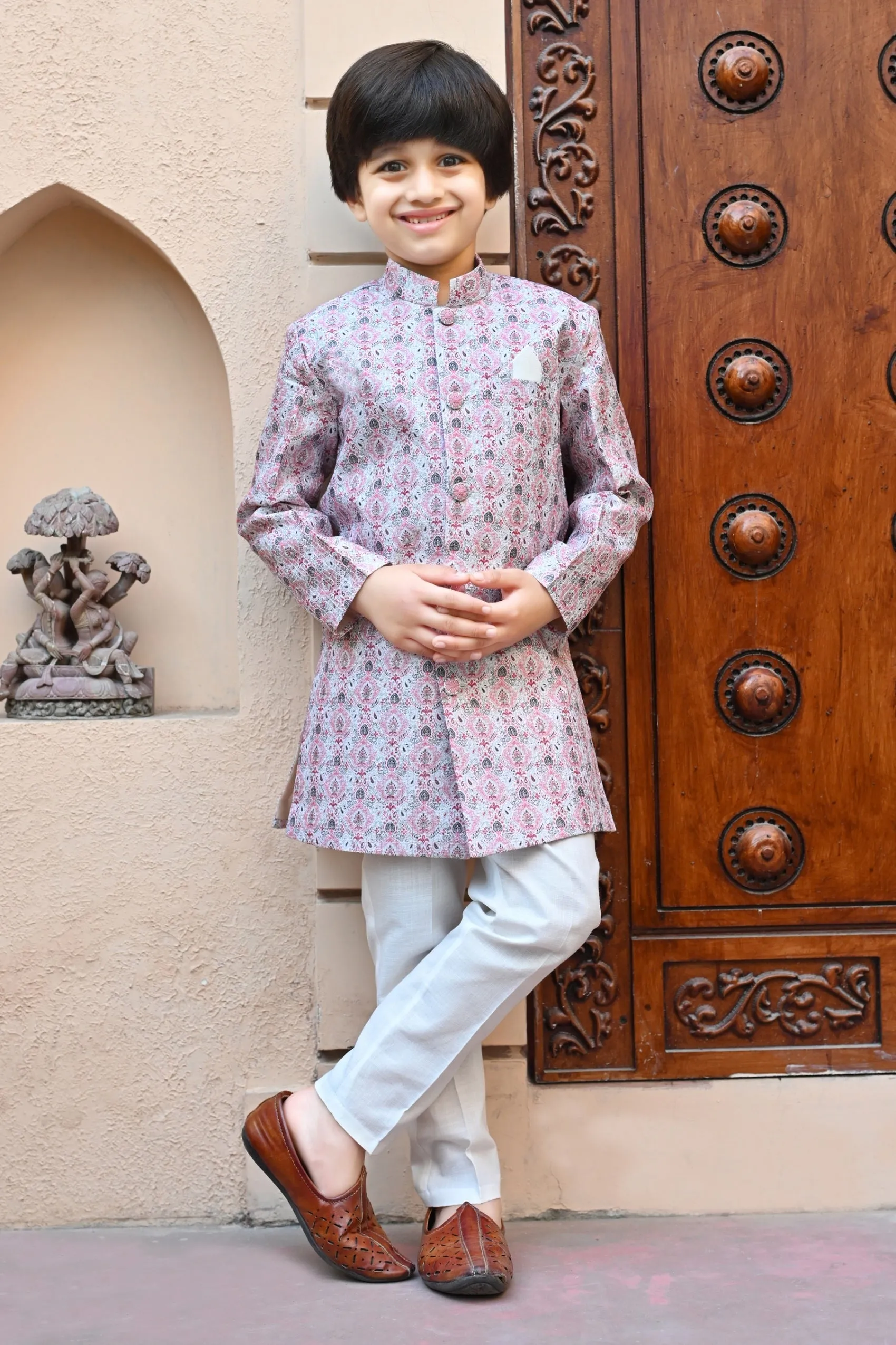 Ahhaaaa Kids Ethnic Silk Blend Indo-Western Sherwani Set For Boys 492