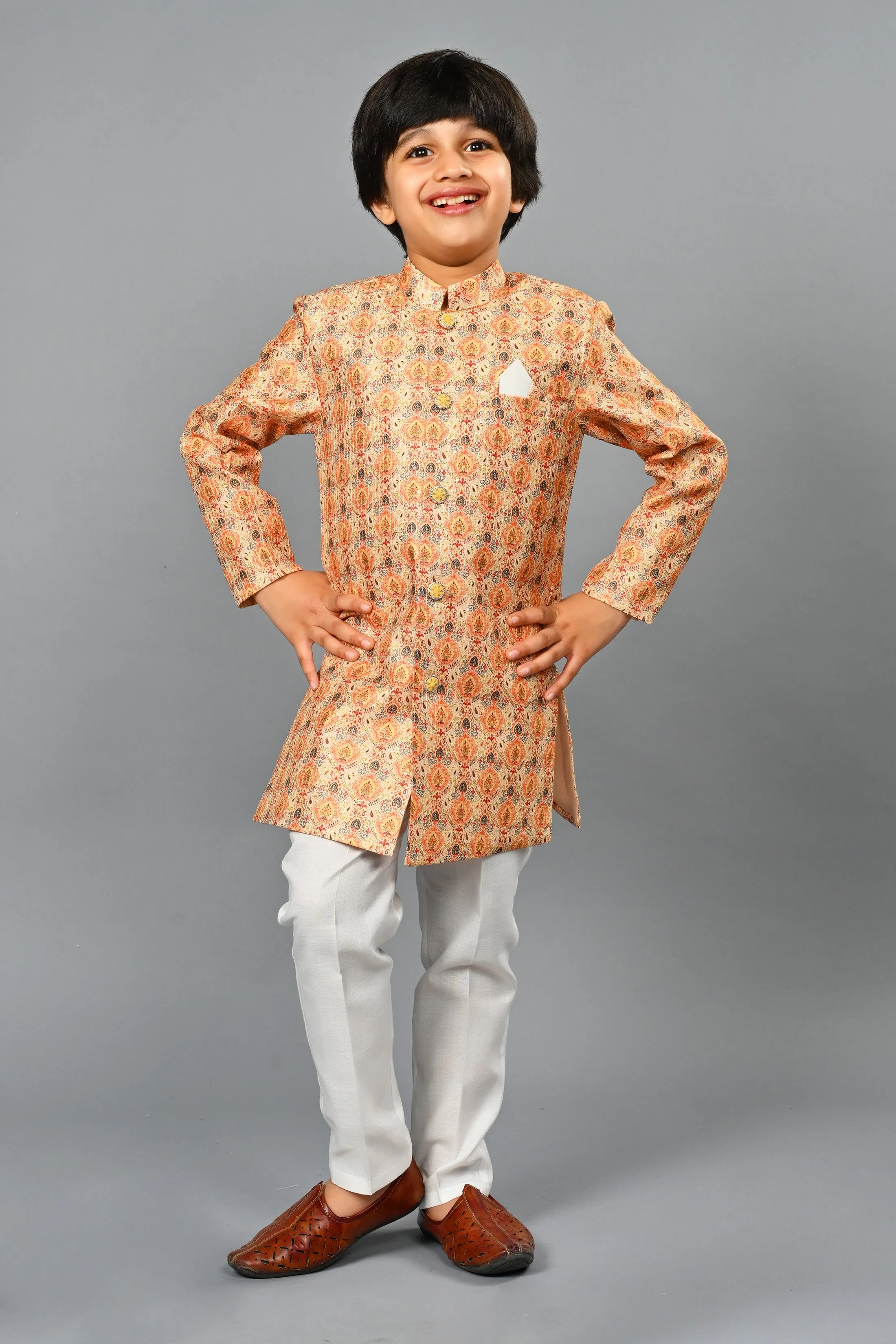 Ahhaaaa Kids Ethnic Silk Blend Indo-Western Sherwani Set For Boys 492