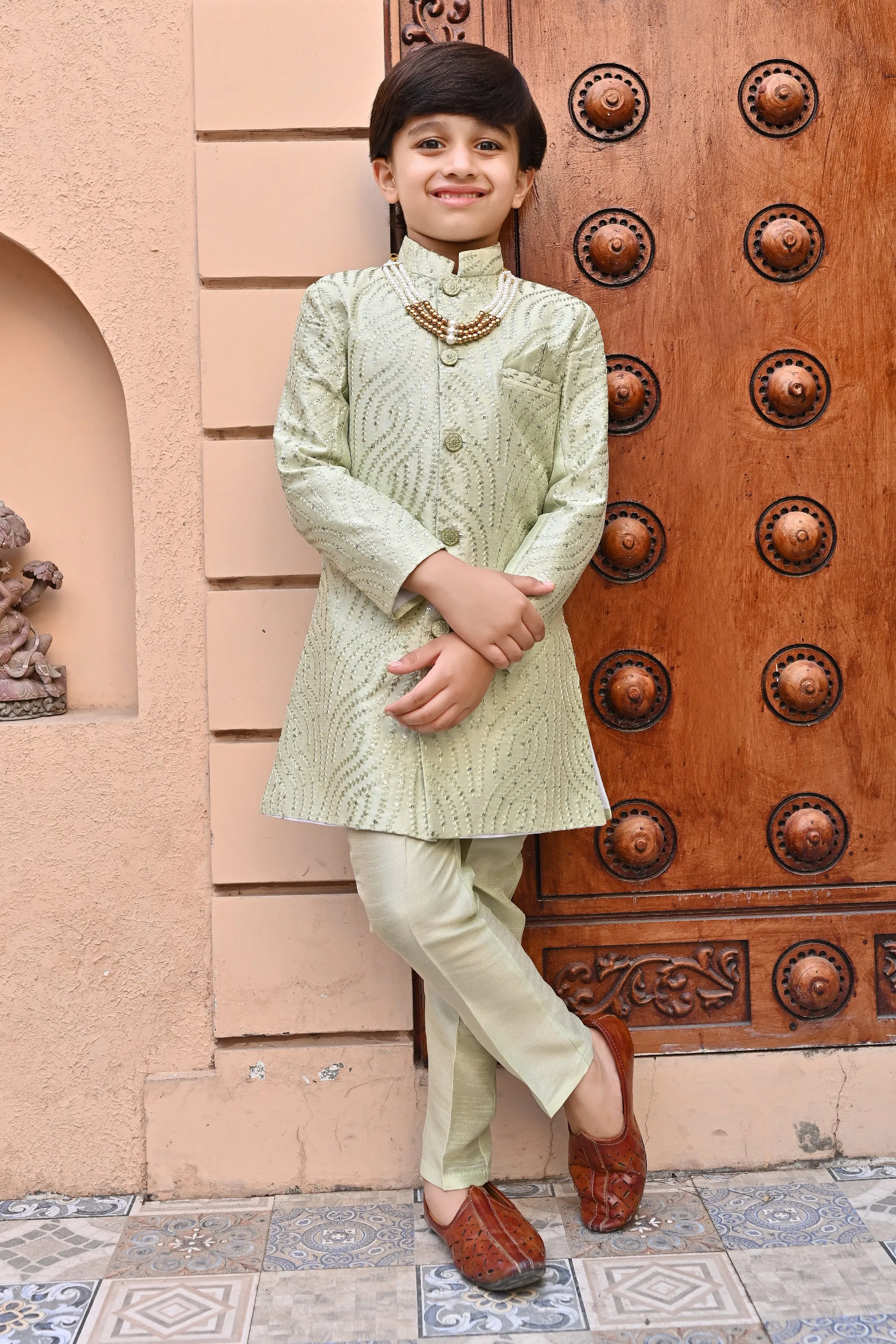 Ahhaaaa Kids Ethnic Silk Blend traditional Wear Sequin Print Indo-Western Sherwani Set For Boys