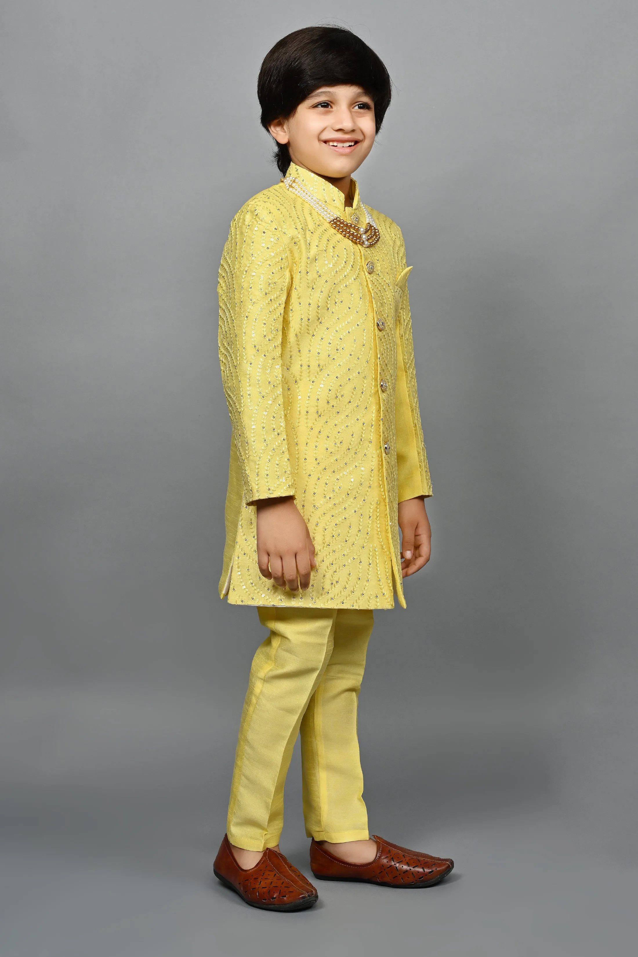 Ahhaaaa Kids Ethnic Silk Blend traditional Wear Sequin Print Indo-Western Sherwani Set For Boys