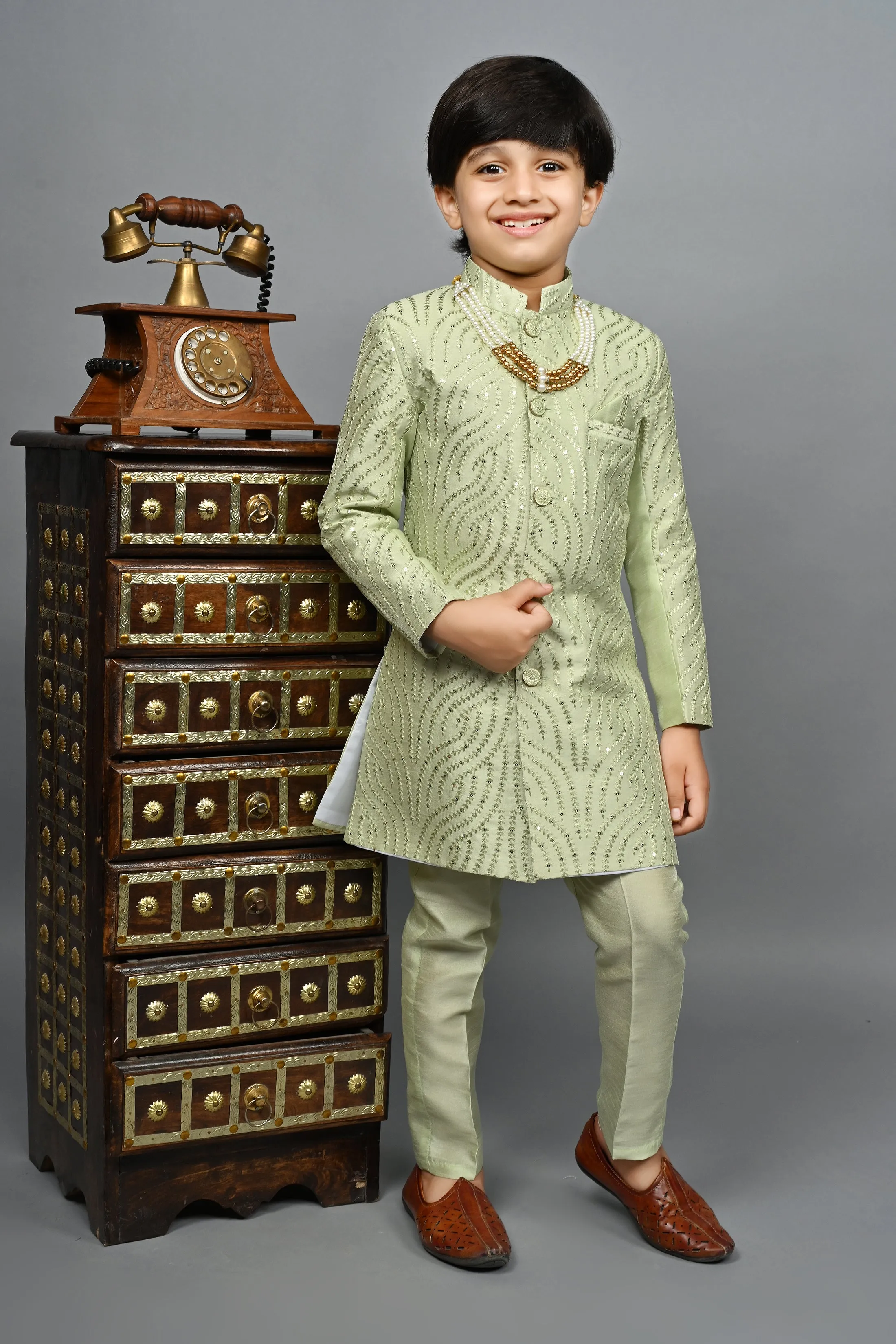 Ahhaaaa Kids Ethnic Silk Blend traditional Wear Sequin Print Indo-Western Sherwani Set For Boys