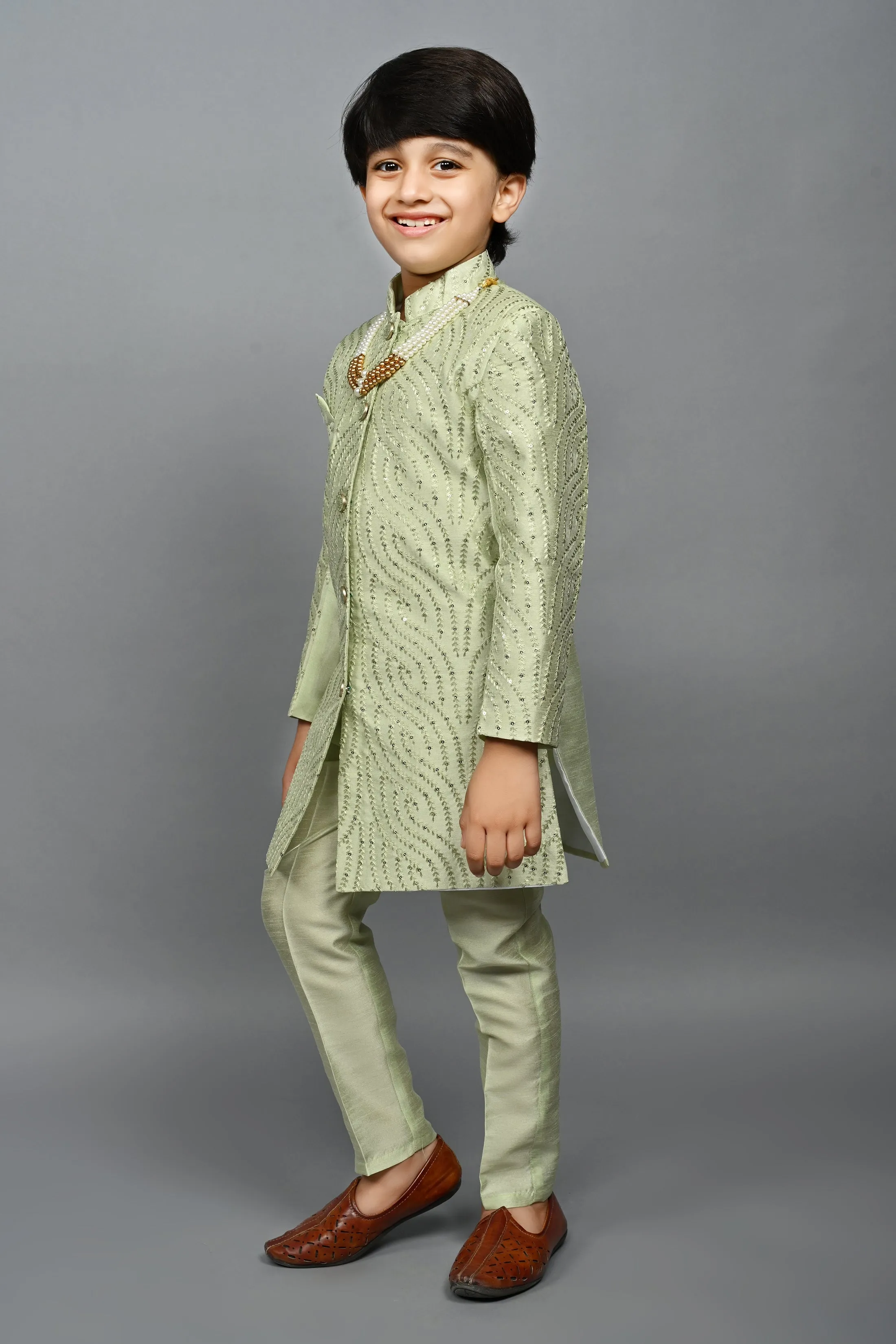 Ahhaaaa Kids Ethnic Silk Blend traditional Wear Sequin Print Indo-Western Sherwani Set For Boys