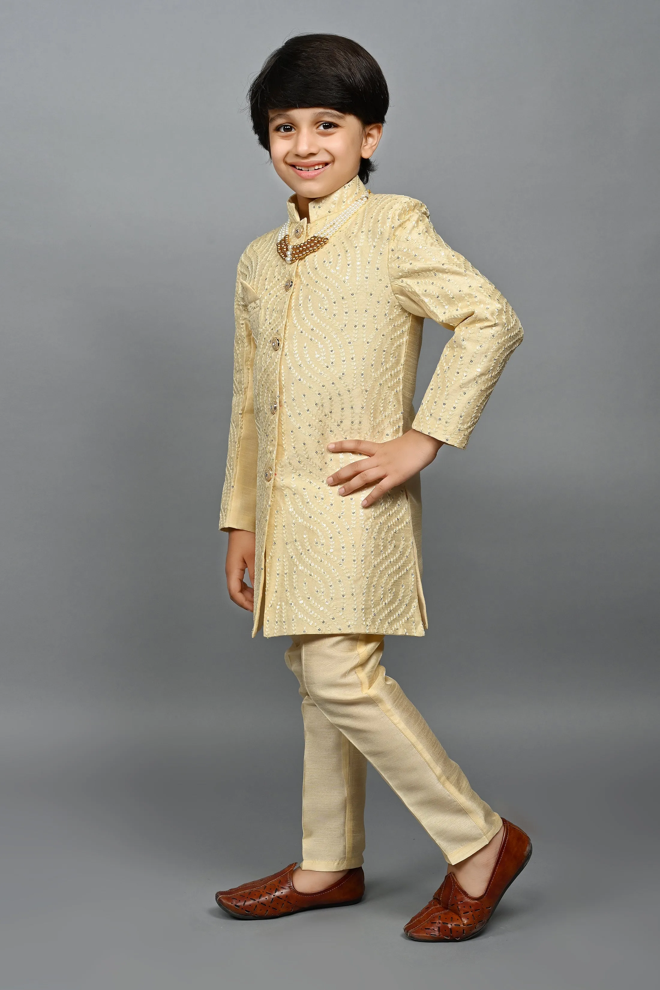 Ahhaaaa Kids Ethnic Silk Blend traditional Wear Sequin Print Indo-Western Sherwani Set For Boys