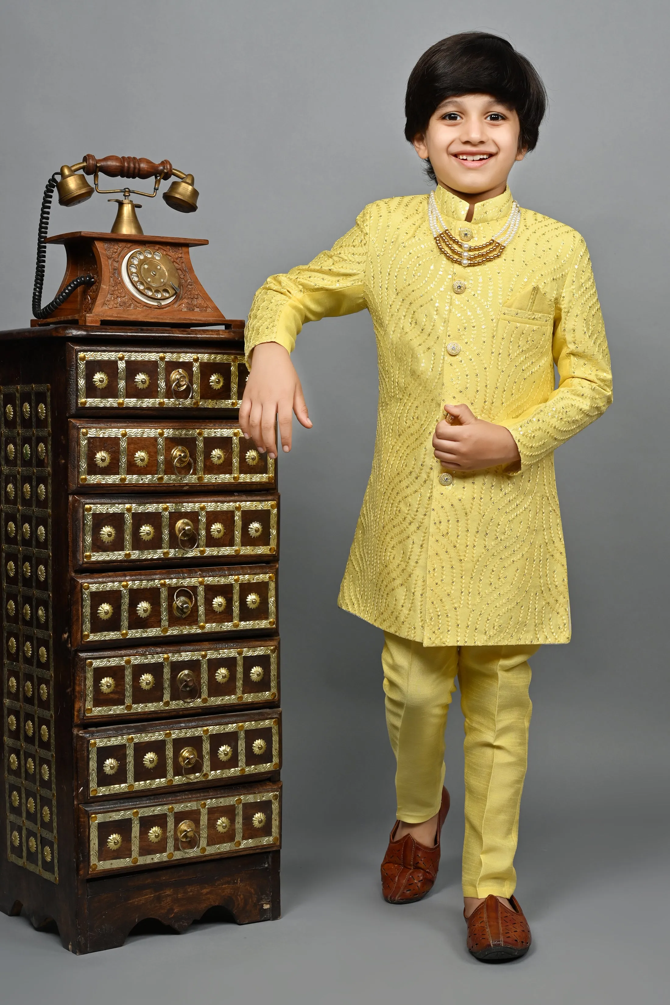 Ahhaaaa Kids Ethnic Silk Blend traditional Wear Sequin Print Indo-Western Sherwani Set For Boys