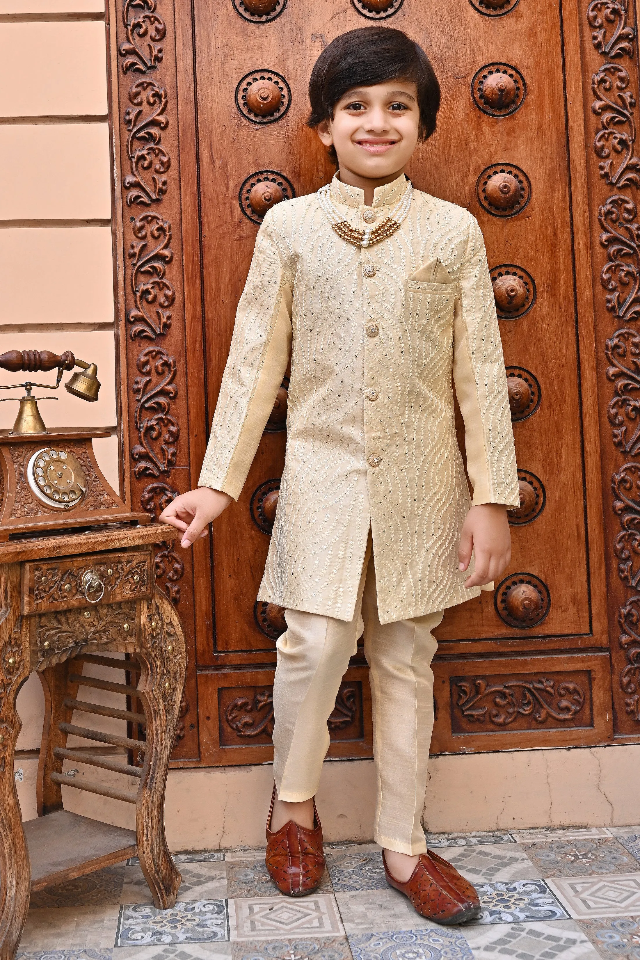 Ahhaaaa Kids Ethnic Silk Blend traditional Wear Sequin Print Indo-Western Sherwani Set For Boys