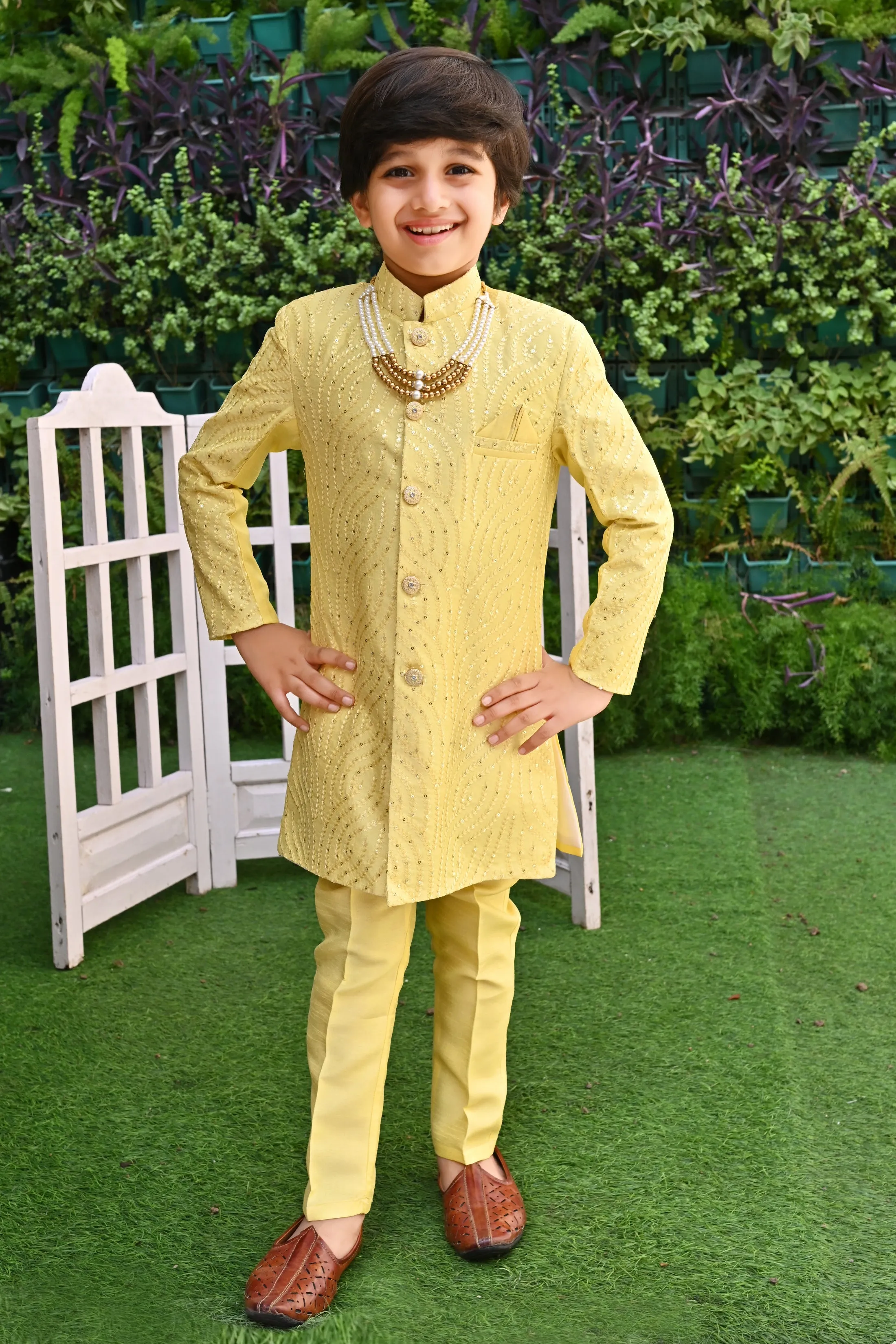 Ahhaaaa Kids Ethnic Silk Blend traditional Wear Sequin Print Indo-Western Sherwani Set For Boys