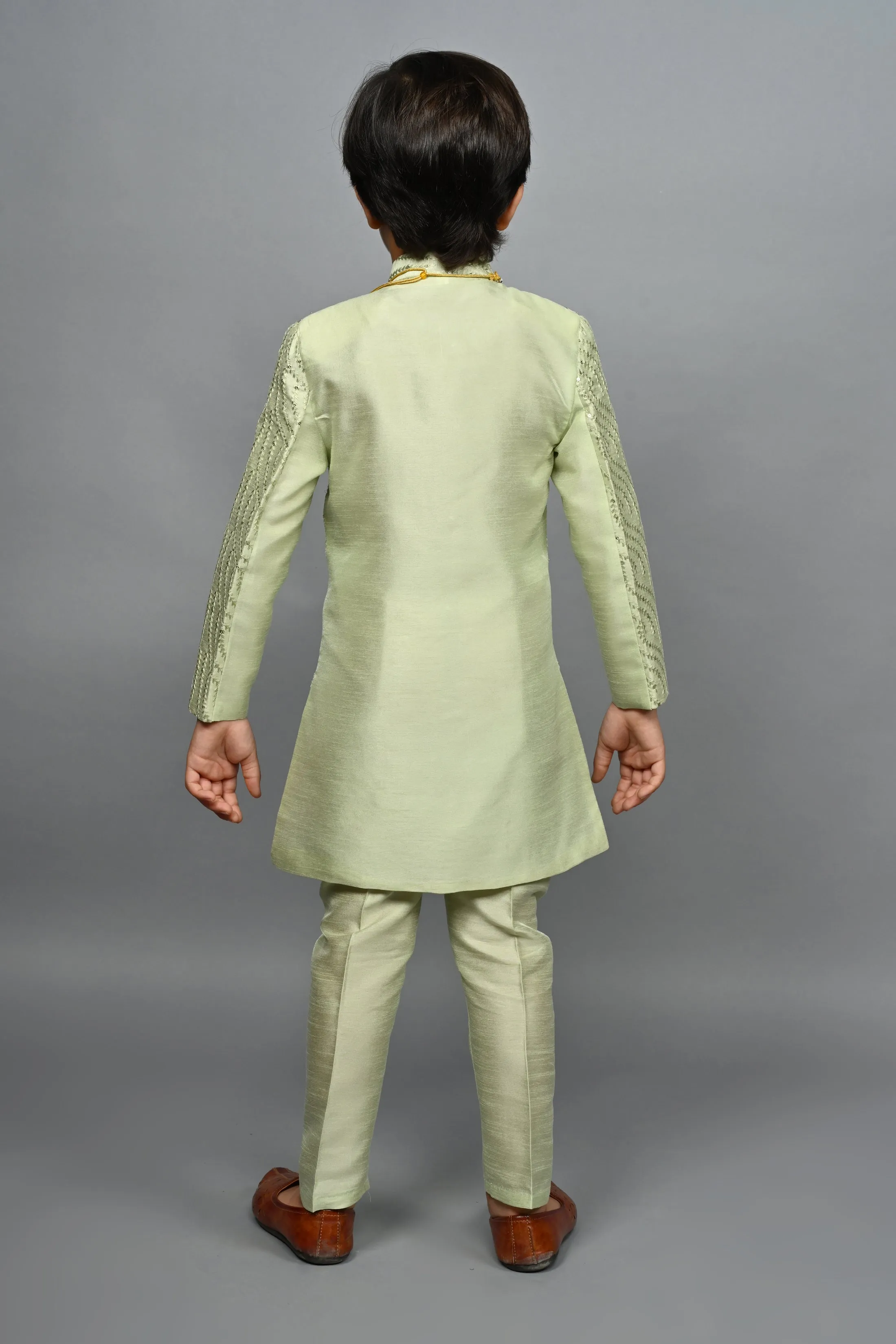 Ahhaaaa Kids Ethnic Silk Blend traditional Wear Sequin Print Indo-Western Sherwani Set For Boys