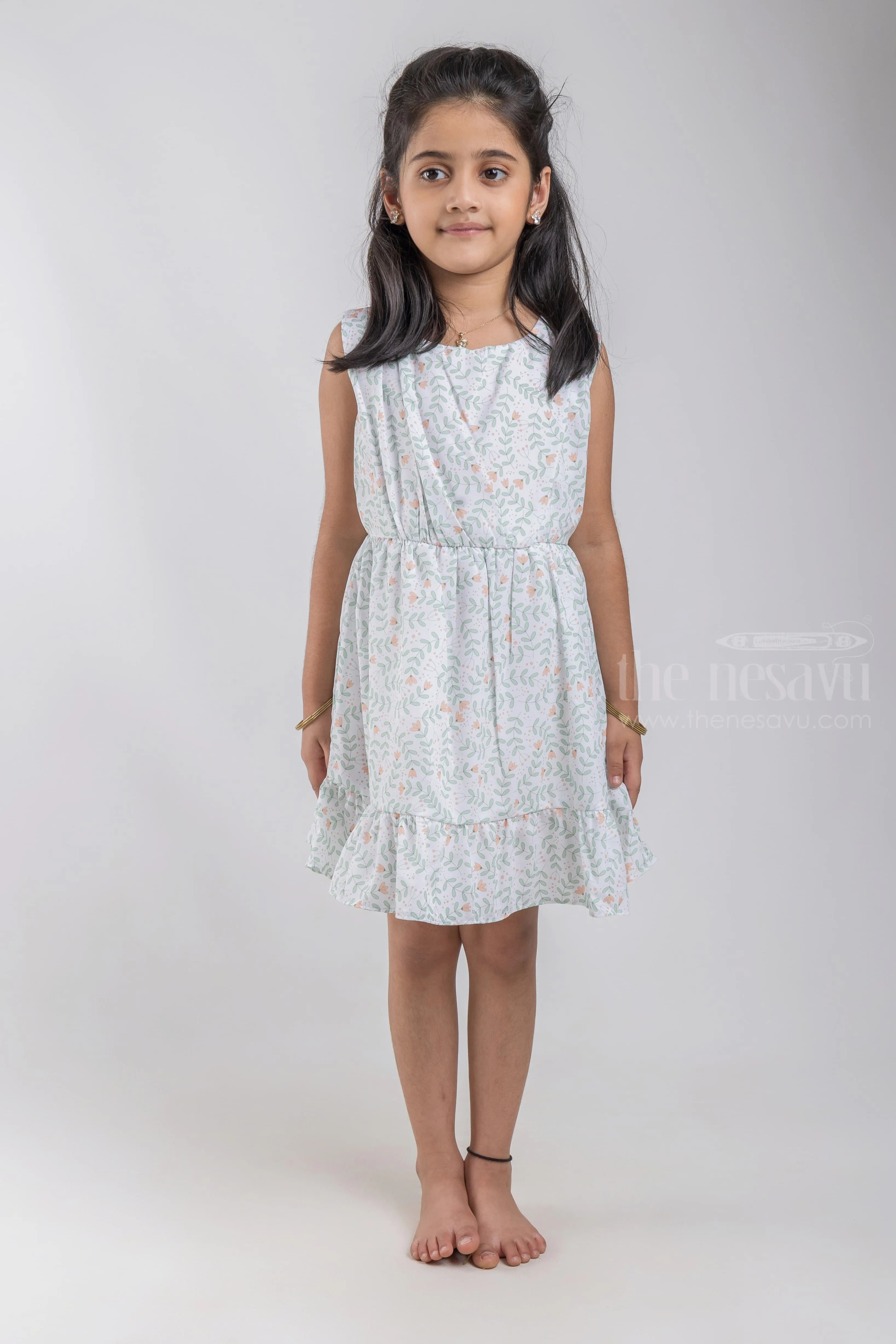 All Over Floral Printed White Georgette Frock For Girls