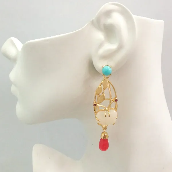 Amazonite Stud with Rhodolite Garnet, Carved Jade Butterfly and Carnelian "Aviary" Twinset Earrings