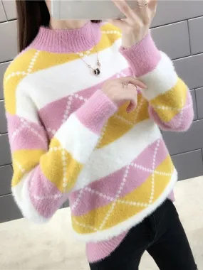 Argyle Women Pullover Sweater Winter Thick Warm Student Knitted Jumper Cute Pink Patchwork Korean Loose Ladies Coats