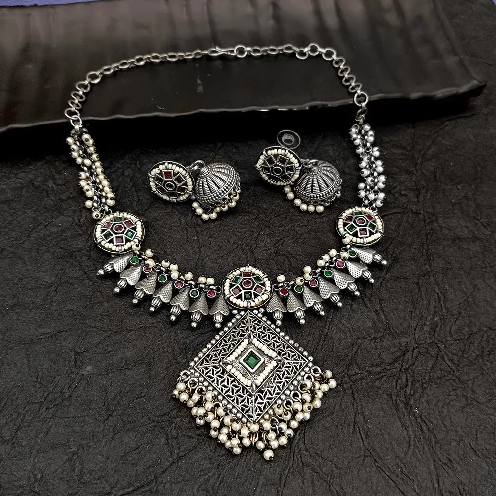 Bhavi Jewel Oxidised Plated Crystal Stone Necklace Set