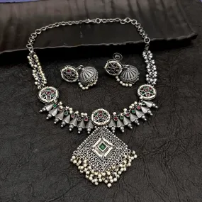 Bhavi Jewel Oxidised Plated Crystal Stone Necklace Set