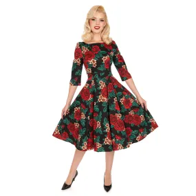 Black And Red Floral Vintage 50s 3/4 Sleeve Swing Tea Dress