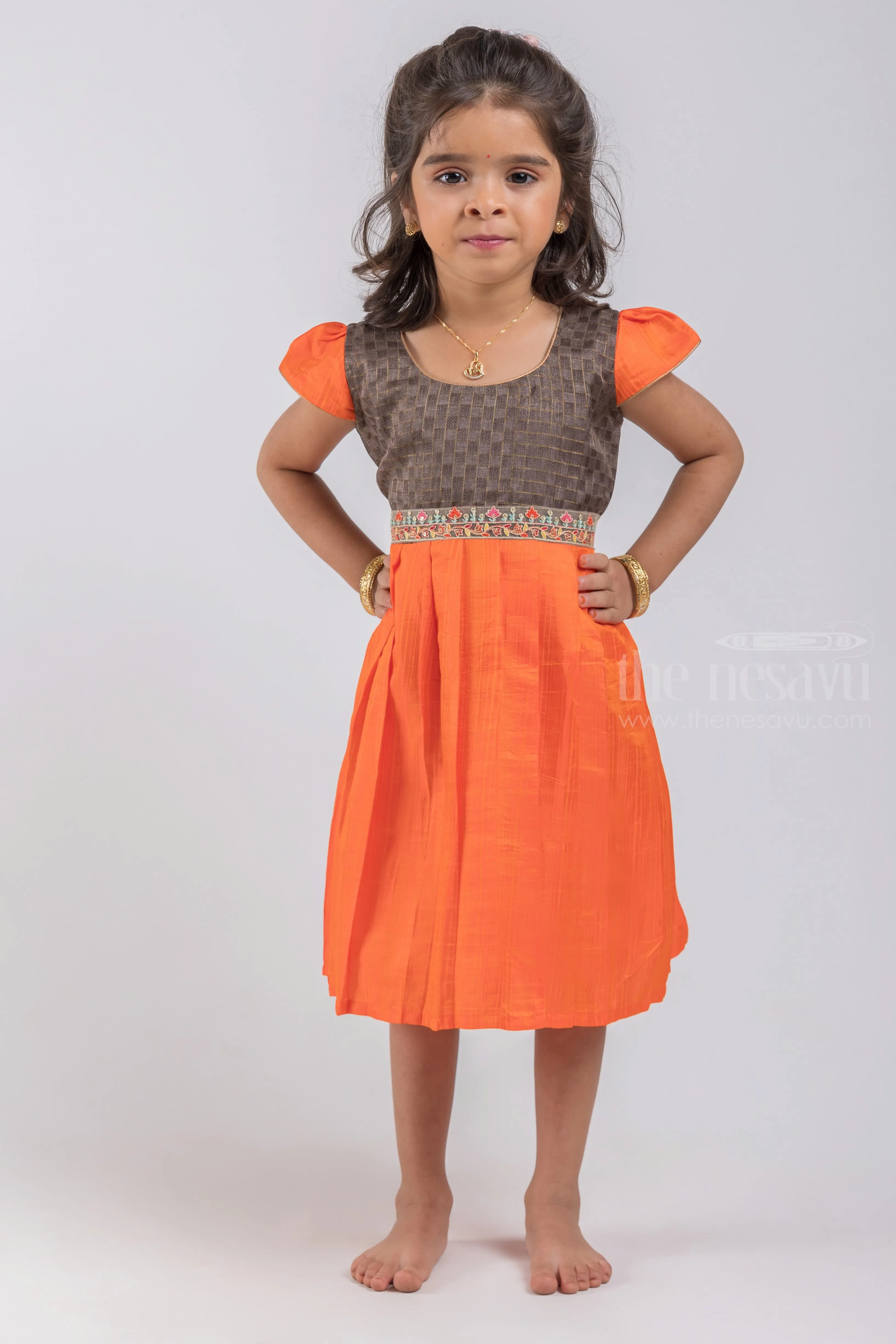 Checked Pattern Black Yoke and Knife Pleated Orange Silk Frock for Girls