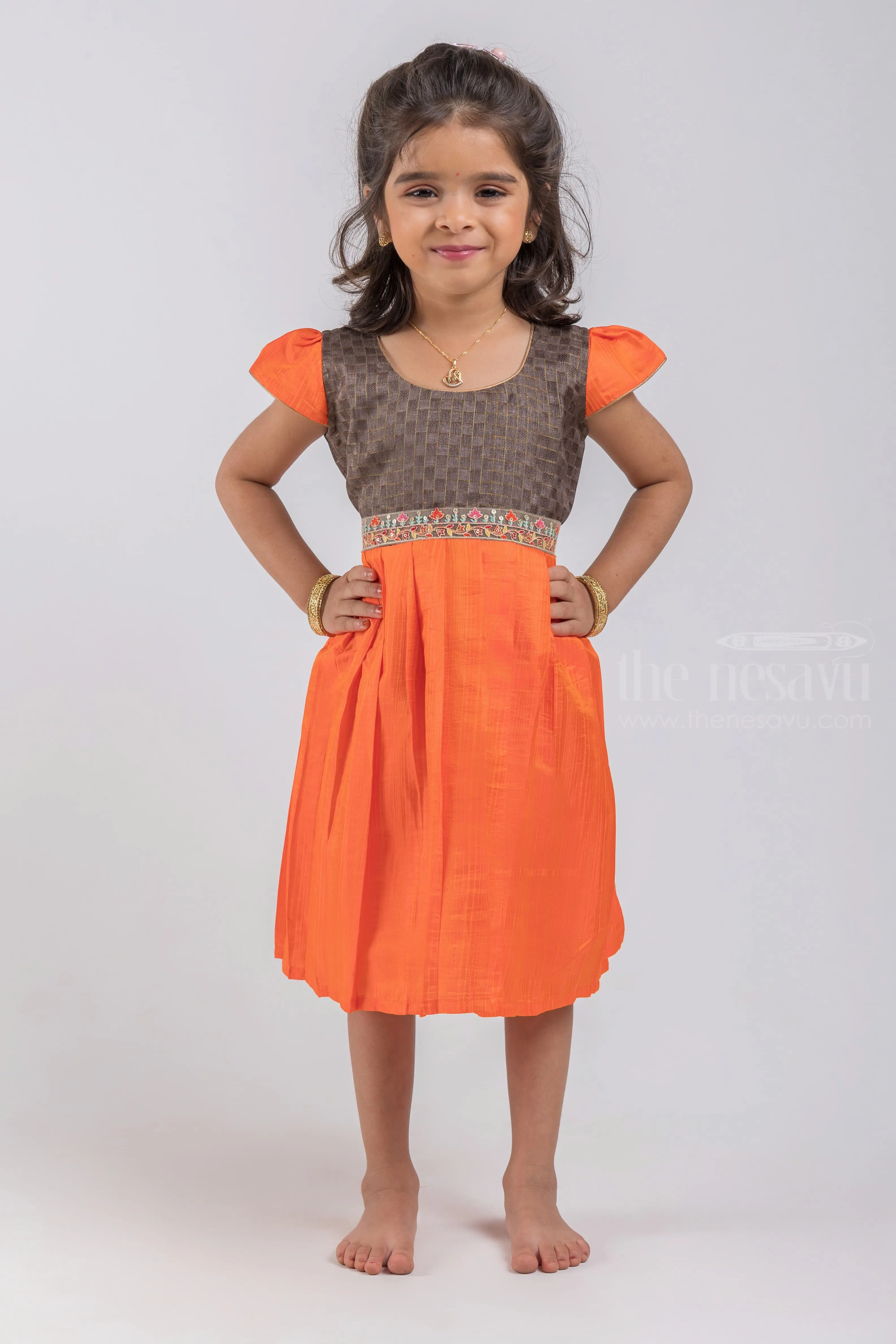 Checked Pattern Black Yoke and Knife Pleated Orange Silk Frock for Girls