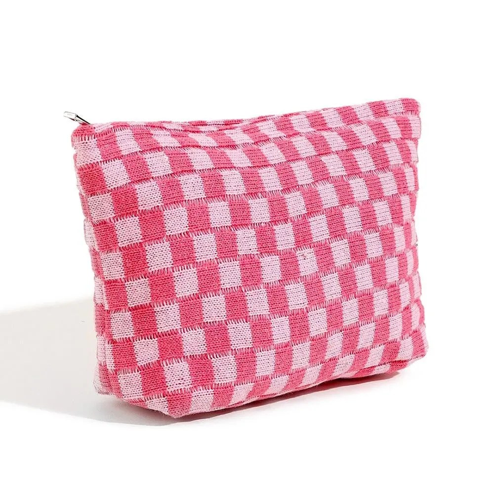 Checkered Zipper Pouch, Pink