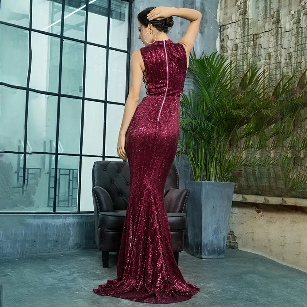 Collar Side Cut Out Fishtail Slim Sequins Maxi Dress