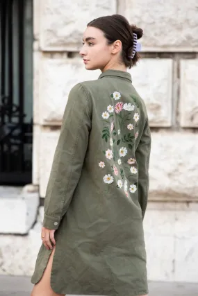 Double Second Khaki Wash Shacket With Embroidery Back