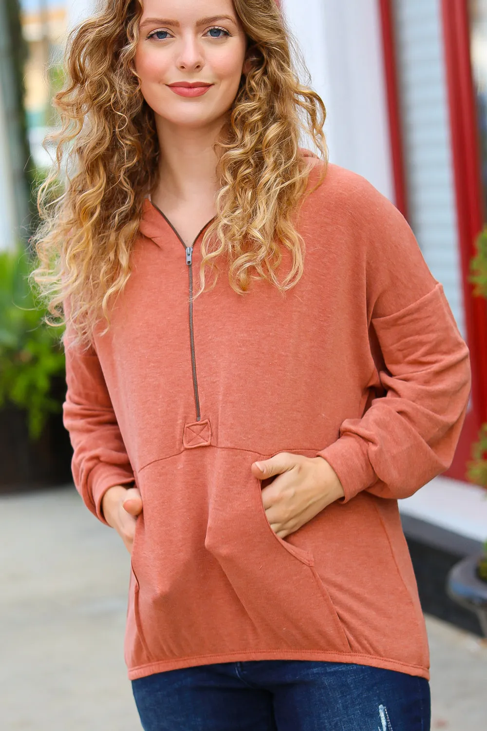 Explore More Collection - All In A Day Rust Half Zip French Terry Hoodie