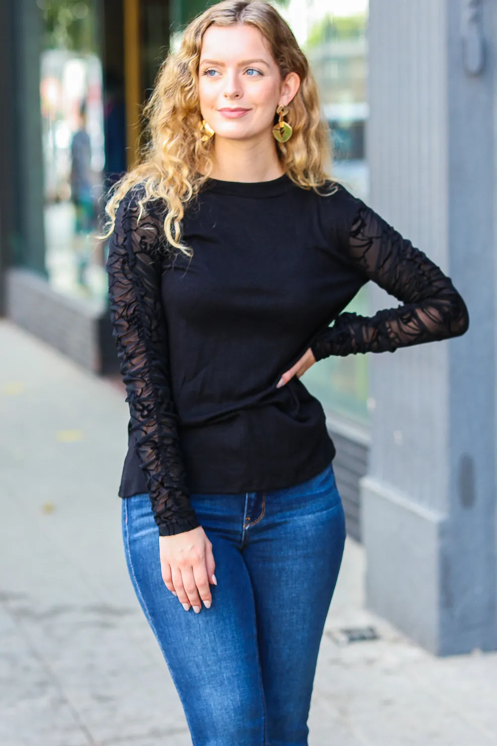 Explore More Collection - Black Shirred Velvet Mesh Long Sleeve Top