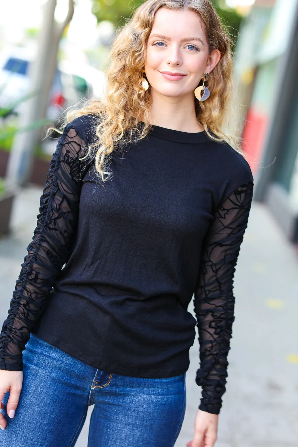 Explore More Collection - Black Shirred Velvet Mesh Long Sleeve Top