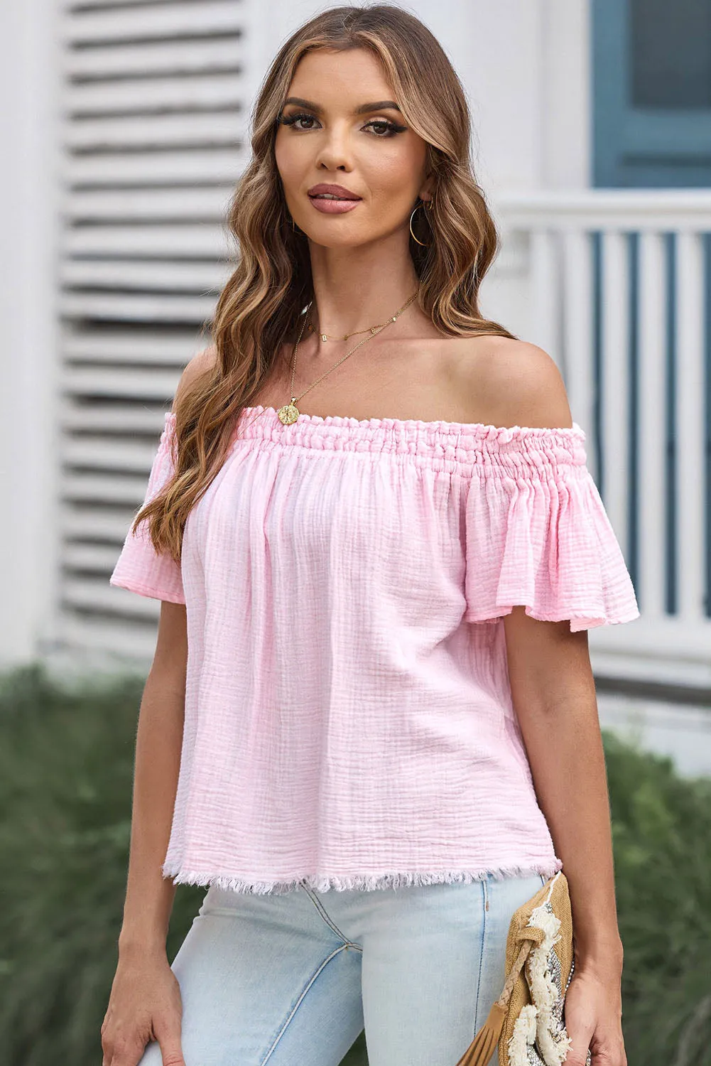 Explore More  Collection - Off-Shoulder Short Sleeve Blouse