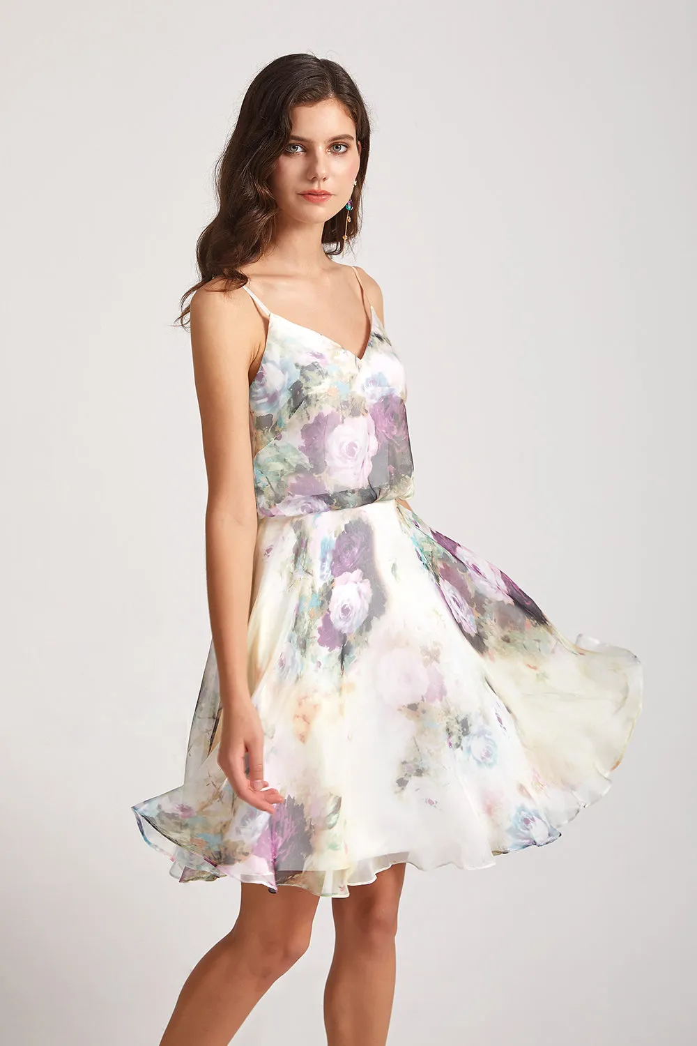 Floral-print Slender Straps Short Bridesmaid Dresses (AF0121)