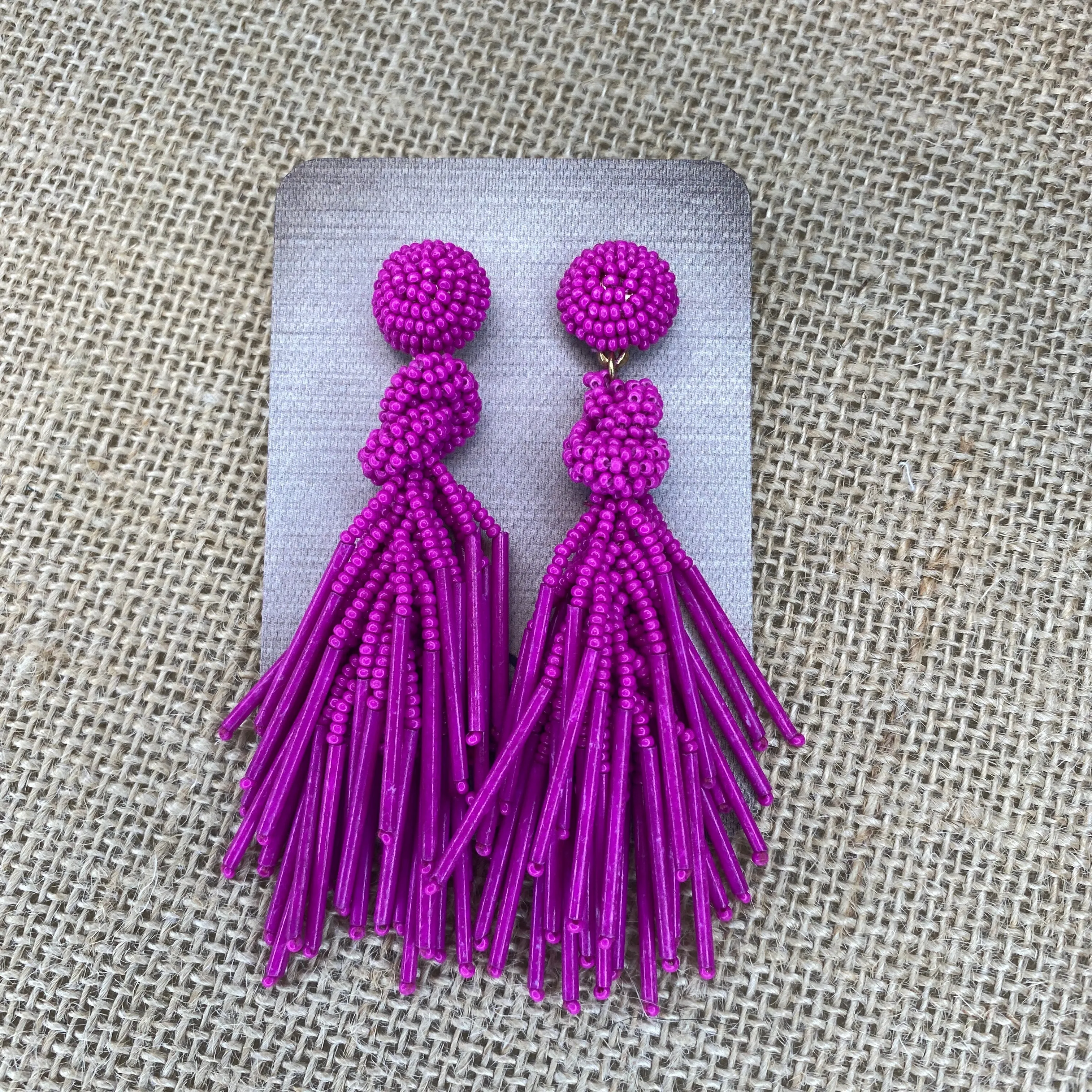 HOT PINK SEED BEAD KNOT AND TASSEL EARRINGS