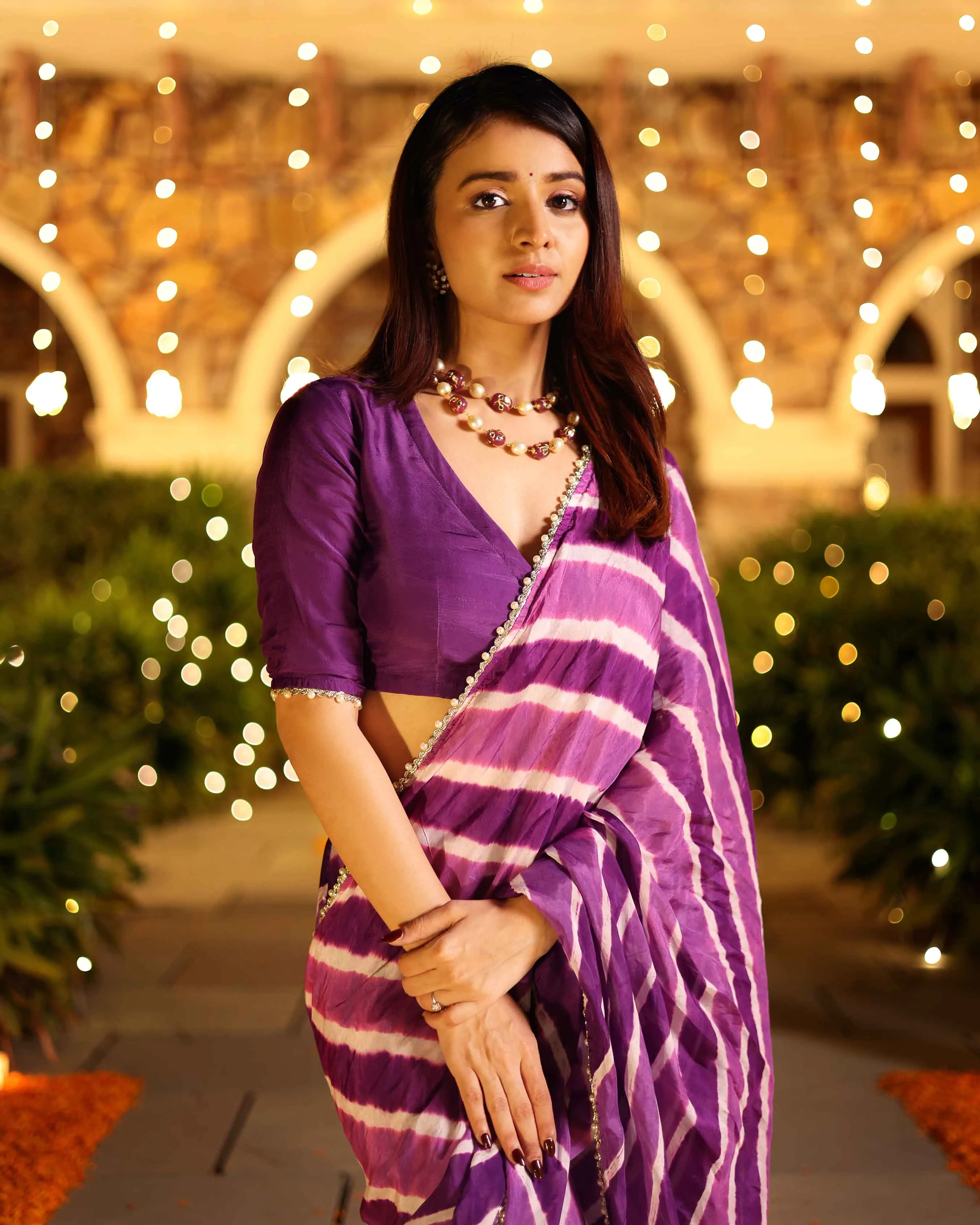 Kimaya Purple Leheriya Silk Pre Draped Saree