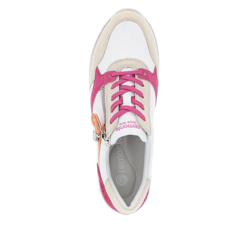 Ladies Remonte Lace Up Trainers Sneakers White/Pink/Beige Zip Elle D1323-80 sale