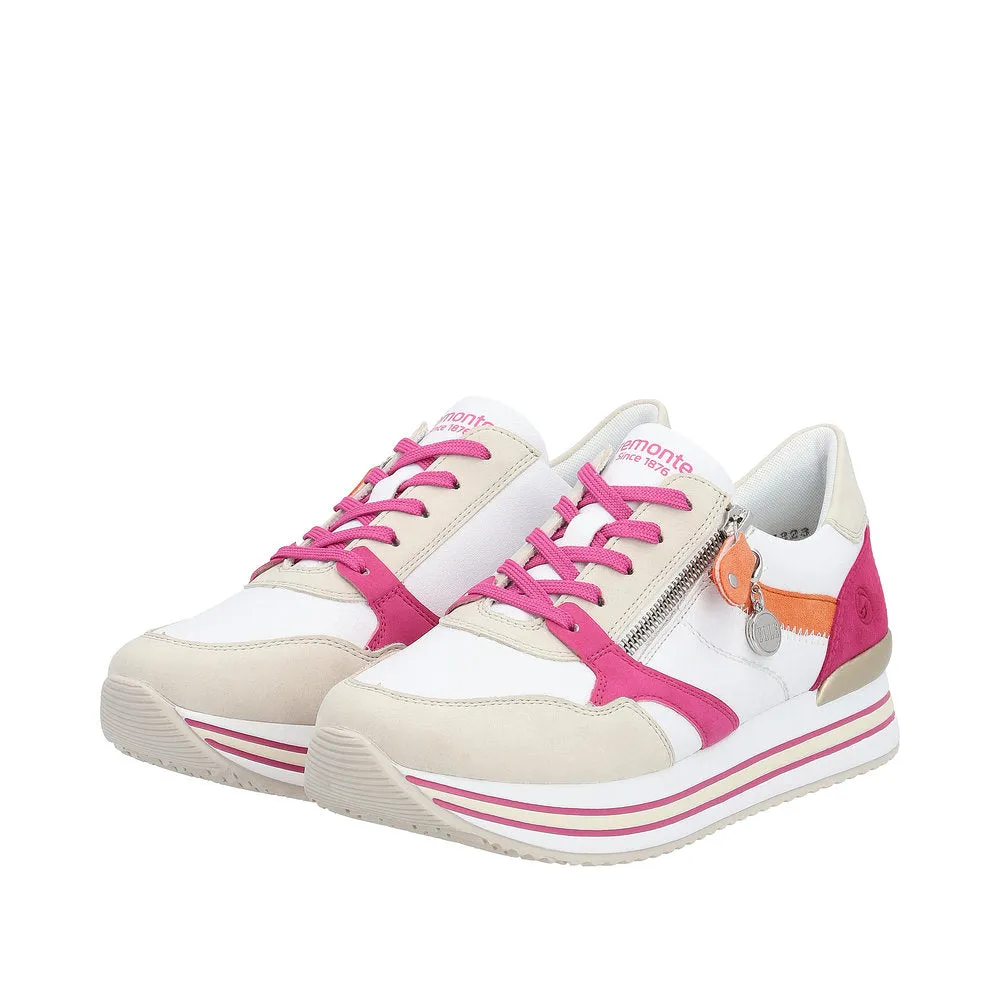 Ladies Remonte Lace Up Trainers Sneakers White/Pink/Beige Zip Elle D1323-80 sale