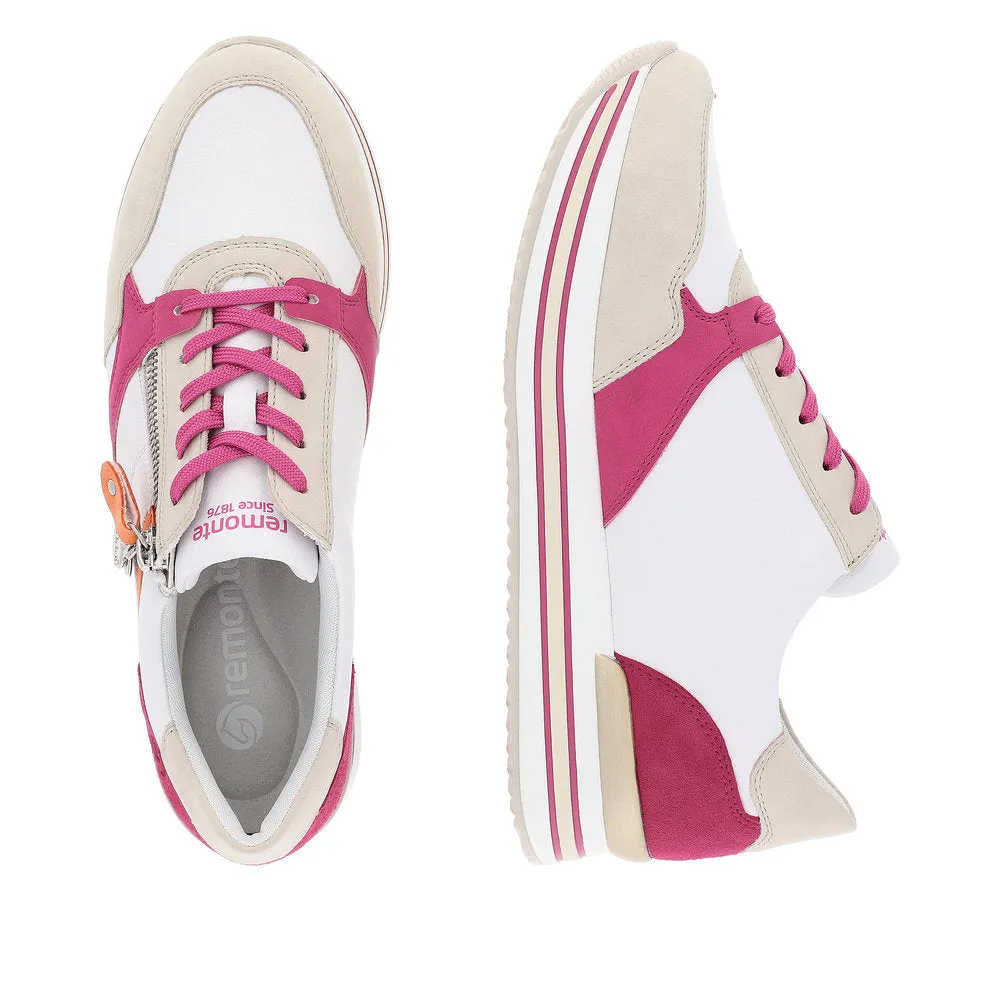 Ladies Remonte Lace Up Trainers Sneakers White/Pink/Beige Zip Elle D1323-80 sale