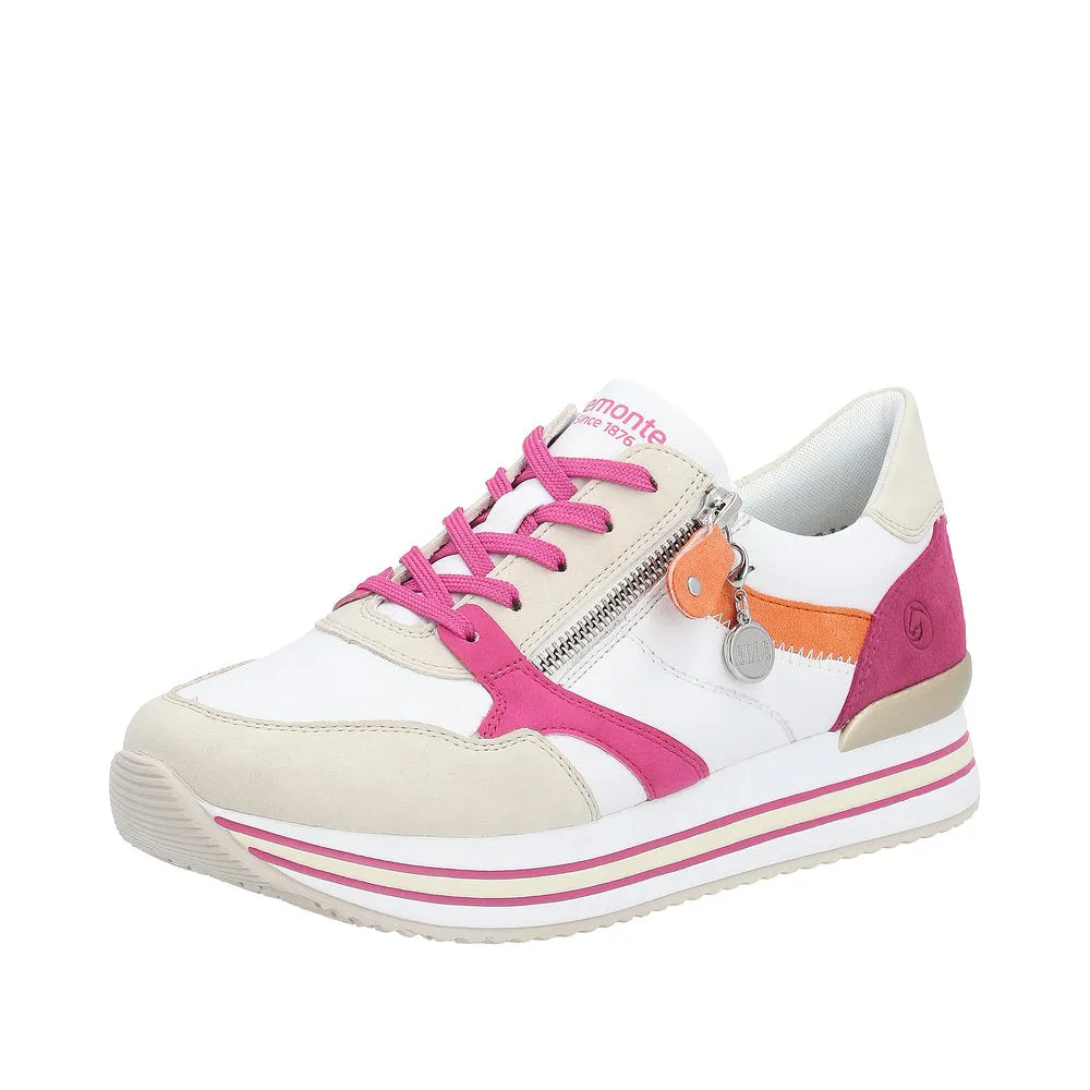 Ladies Remonte Lace Up Trainers Sneakers White/Pink/Beige Zip Elle D1323-80 sale