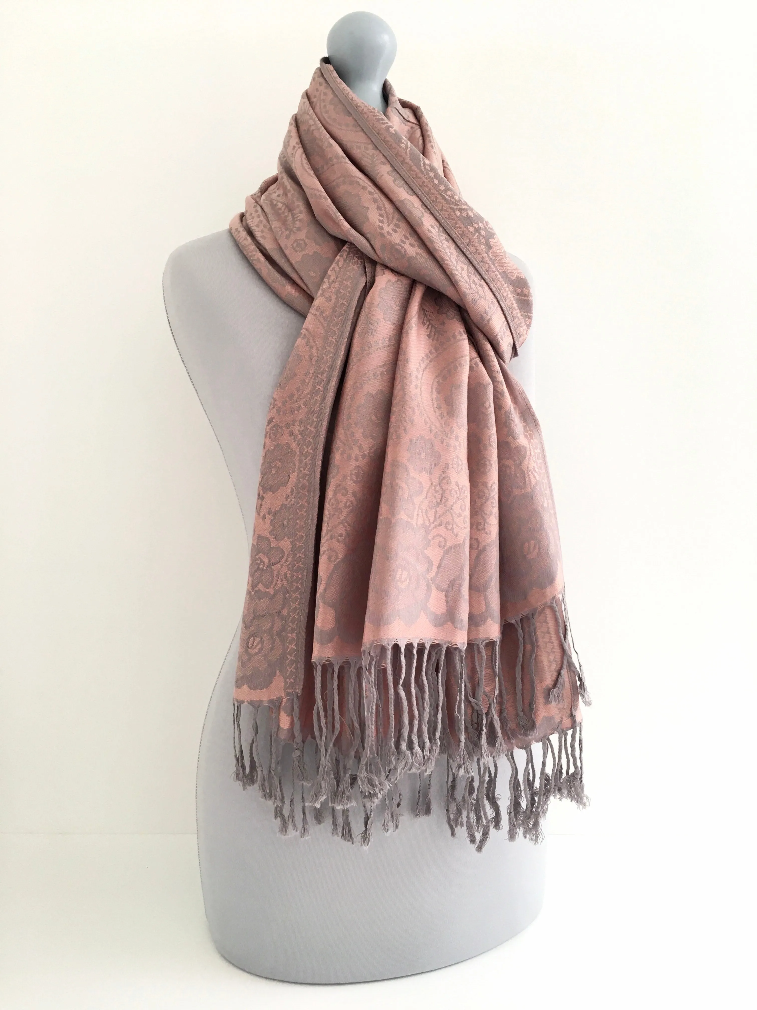 LARGE BLUSH PINK SWIRL FLORAL PRINT REVERSIBLE PASHMINA SHAWL SCARF