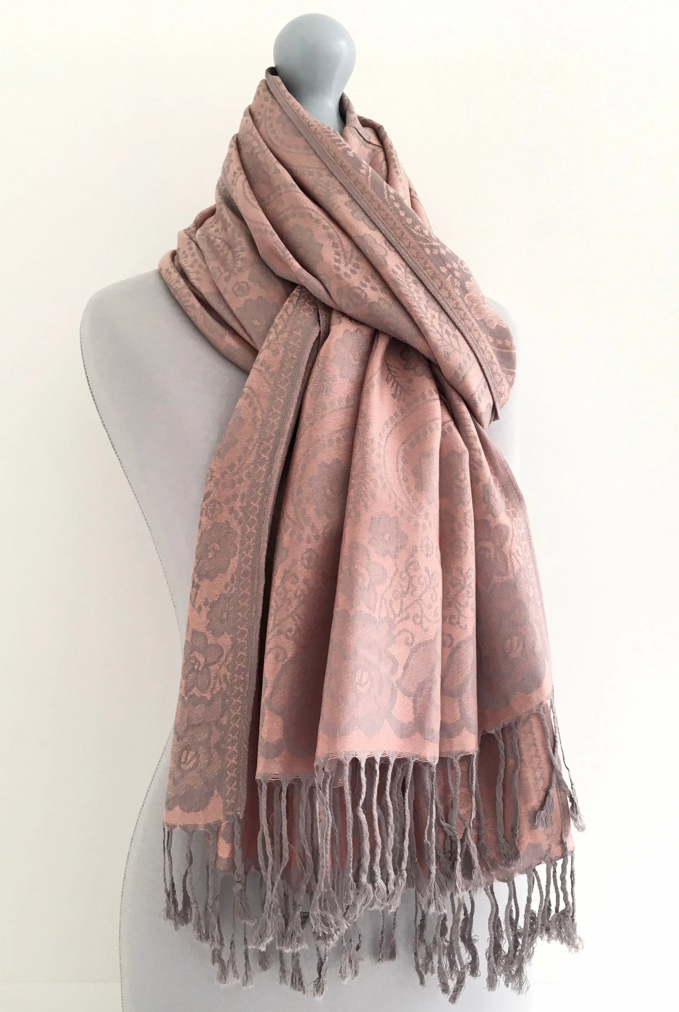 LARGE BLUSH PINK SWIRL FLORAL PRINT REVERSIBLE PASHMINA SHAWL SCARF