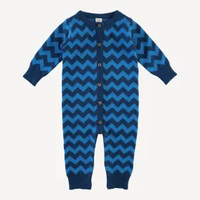 long sleeve button down sweater jumpsuit | blue chevron stripe | organic cotton jacquard knit