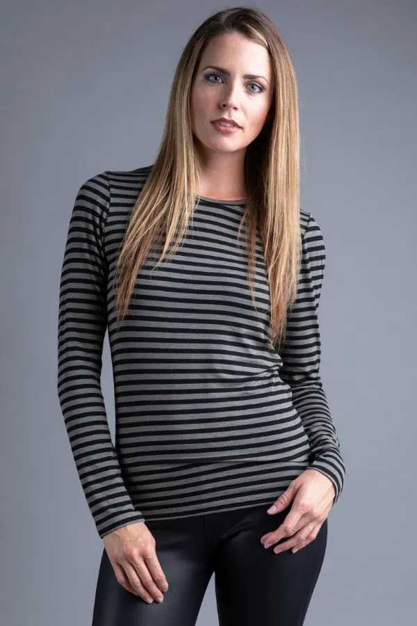 Majestic Long Sleeve Viscose Striped Crewneck in Khaki/Black