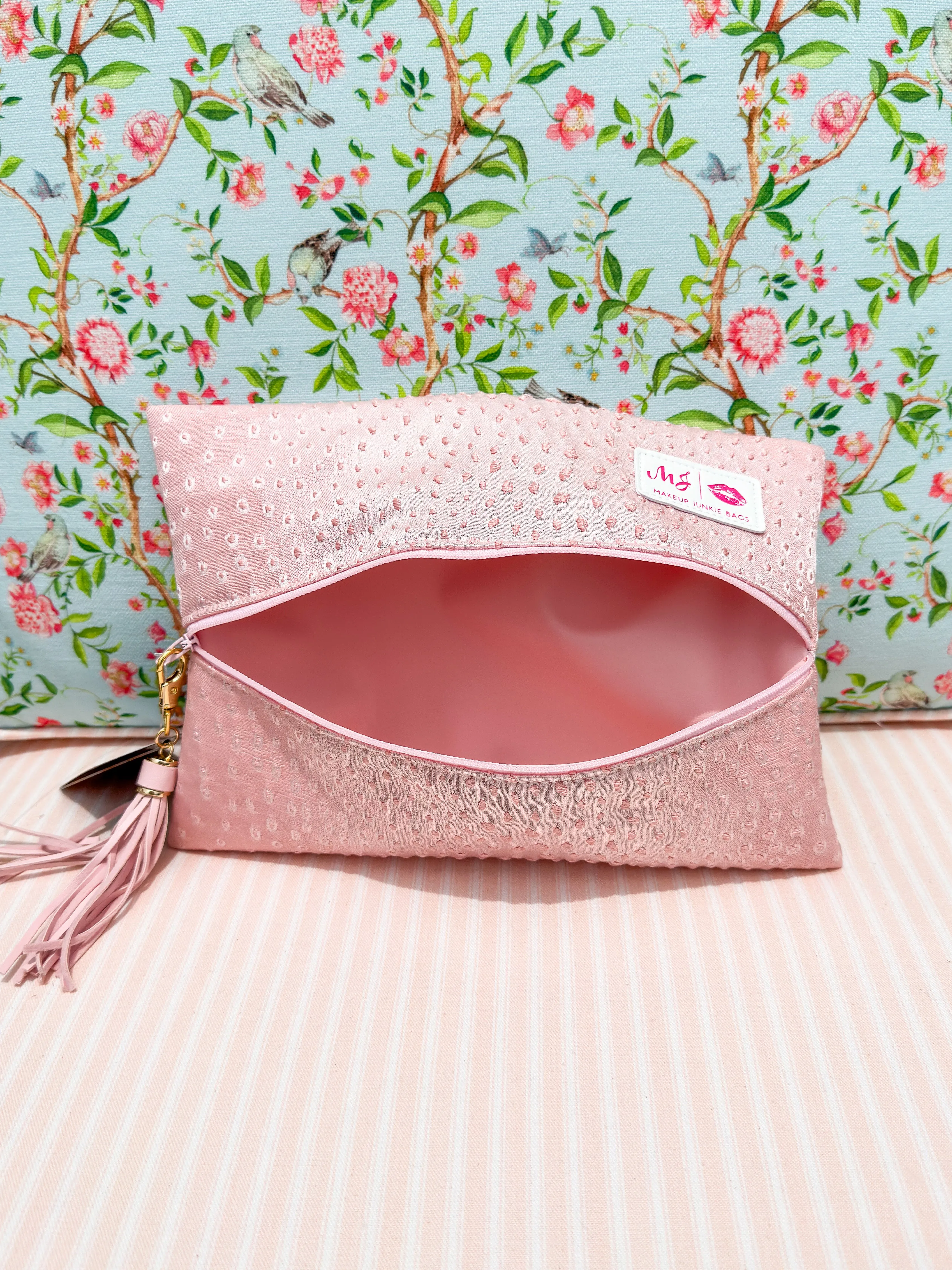 Makeup Junkie Bags - Soft Baby Pink Ostrich Flatlay [Ready to Ship]