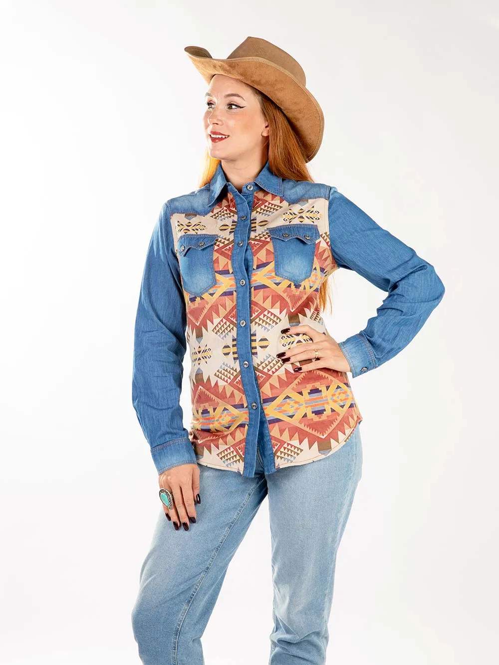 MW-S1007  Montana West Southwestern Long Sleeve Chambray Shirt By Size