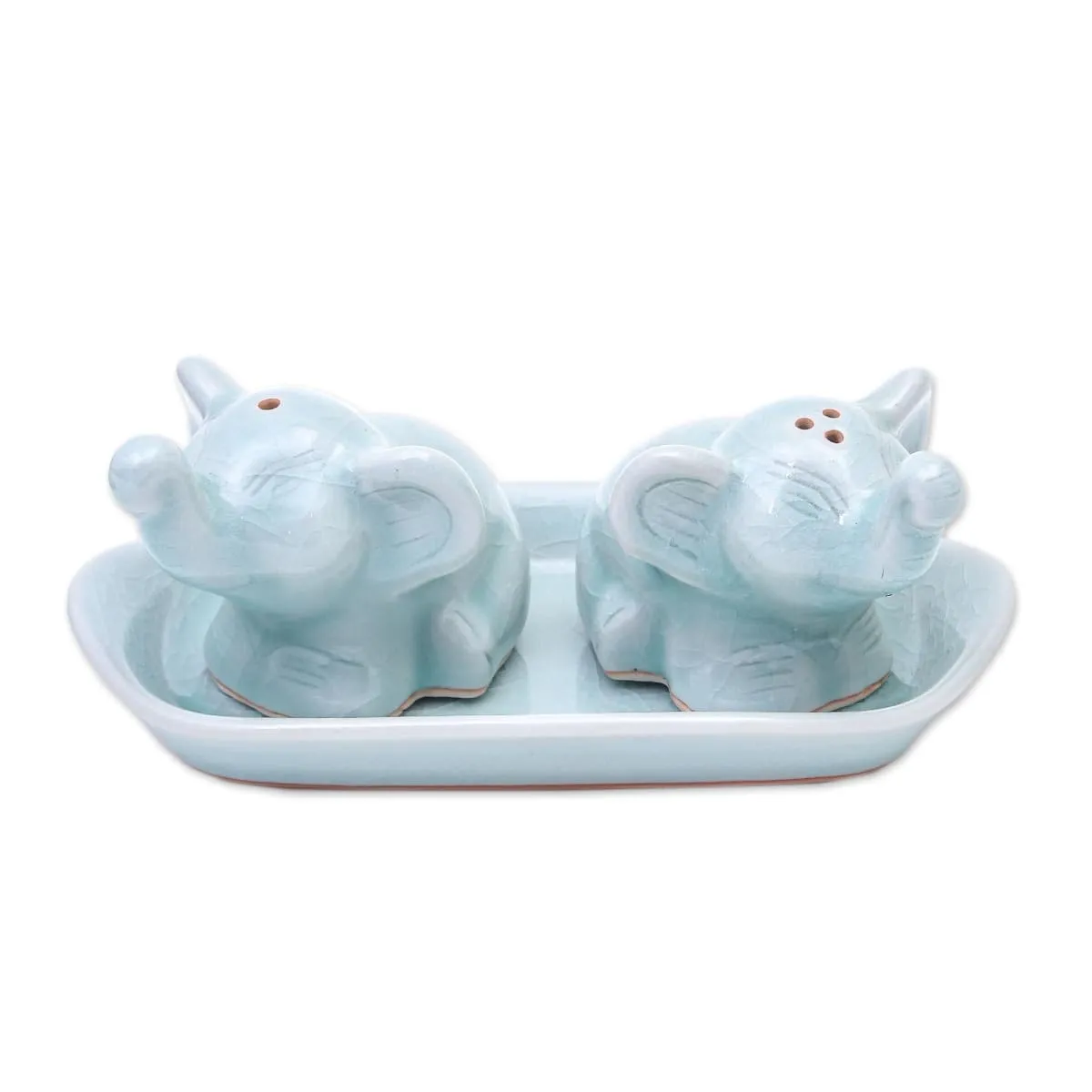 Novica Cheeky Elephants In Aqua Celadon Ceramic Salt And Pepper Set (3 Pieces)