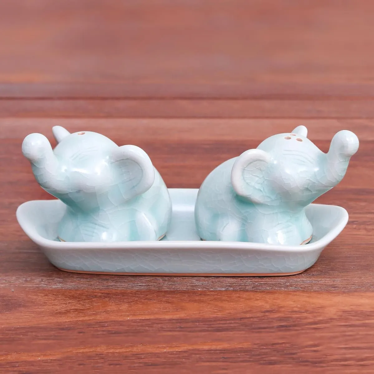 Novica Cheeky Elephants In Aqua Celadon Ceramic Salt And Pepper Set (3 Pieces)