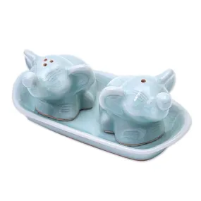 Novica Cheeky Elephants In Aqua Celadon Ceramic Salt And Pepper Set (3 Pieces)