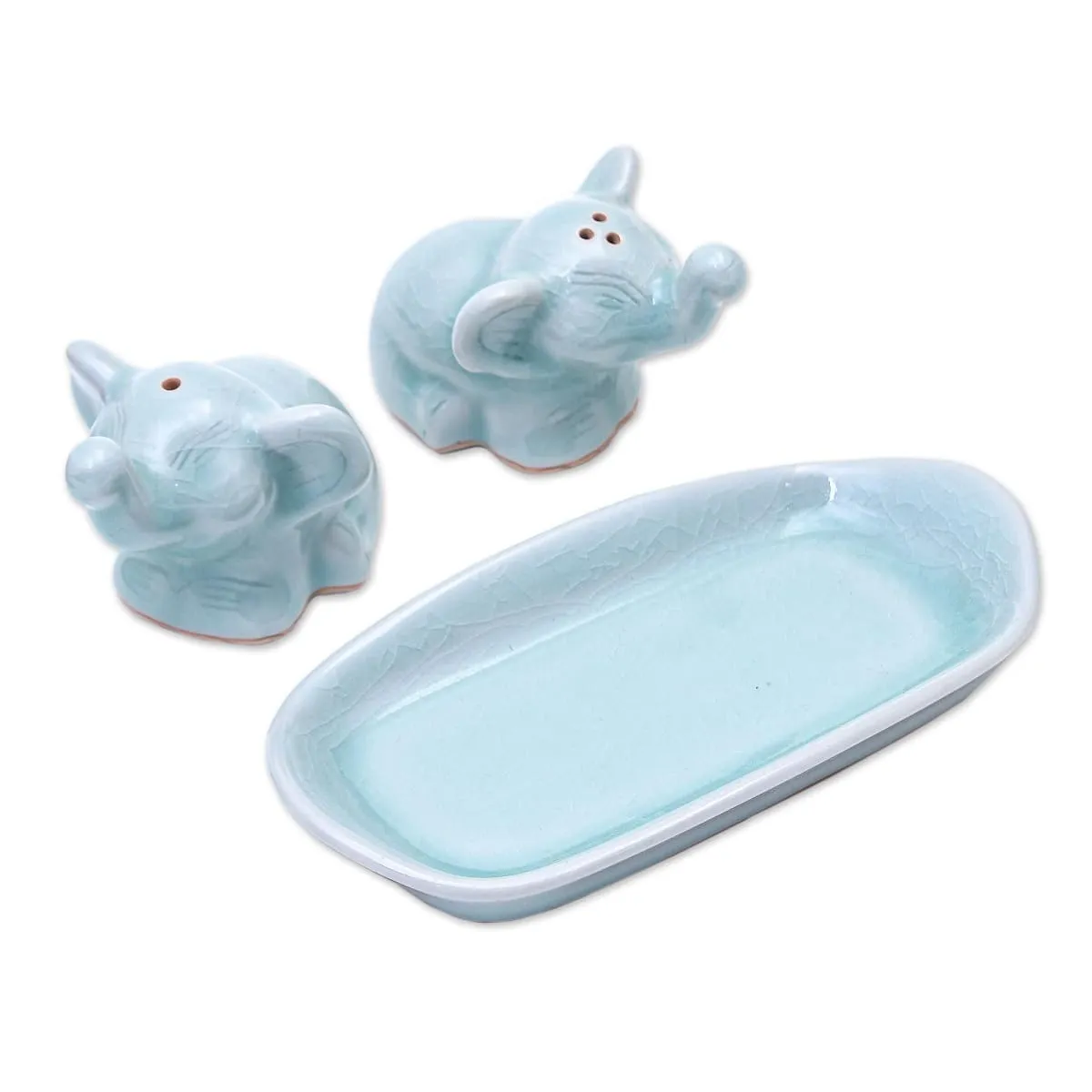 Novica Cheeky Elephants In Aqua Celadon Ceramic Salt And Pepper Set (3 Pieces)