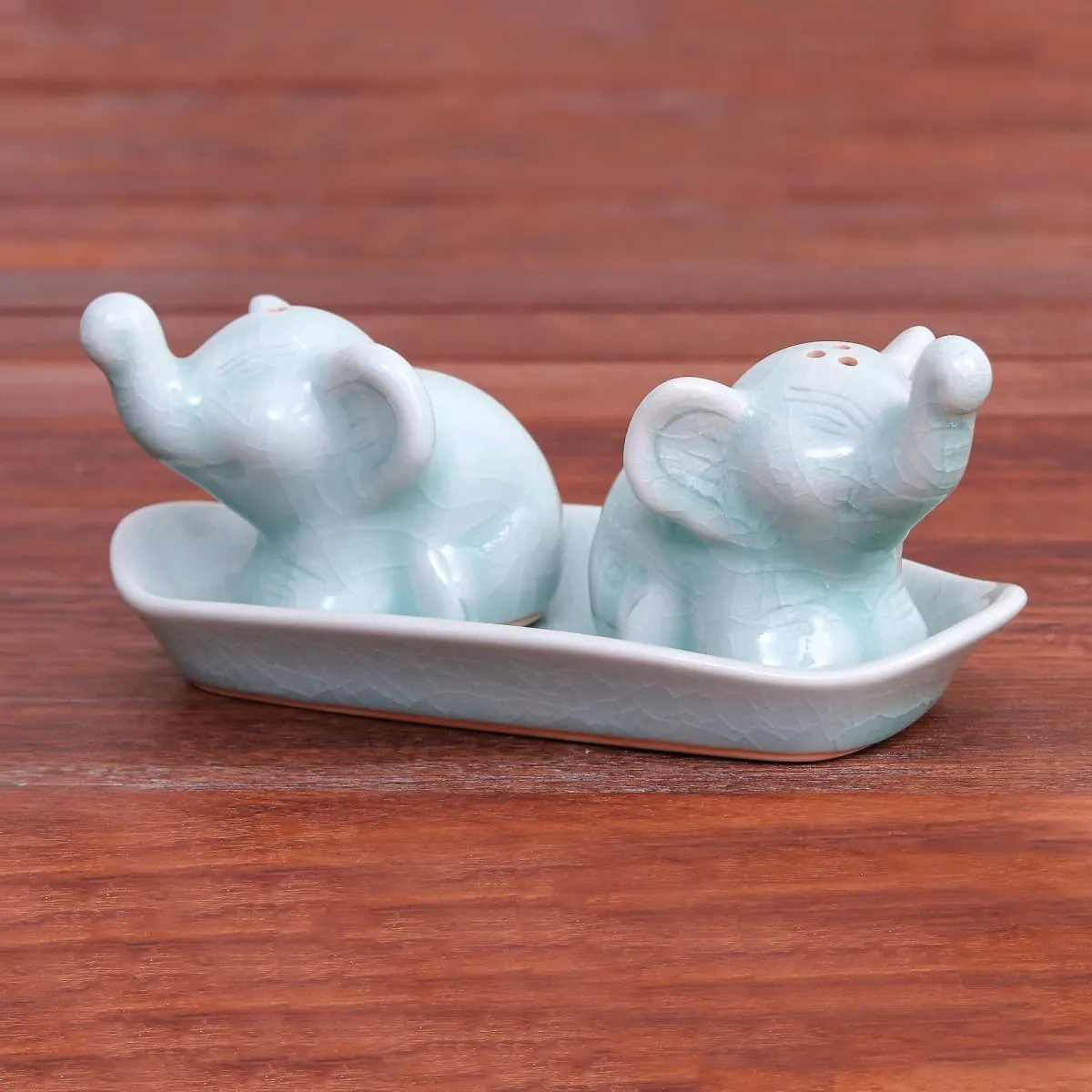 Novica Cheeky Elephants In Aqua Celadon Ceramic Salt And Pepper Set (3 Pieces)