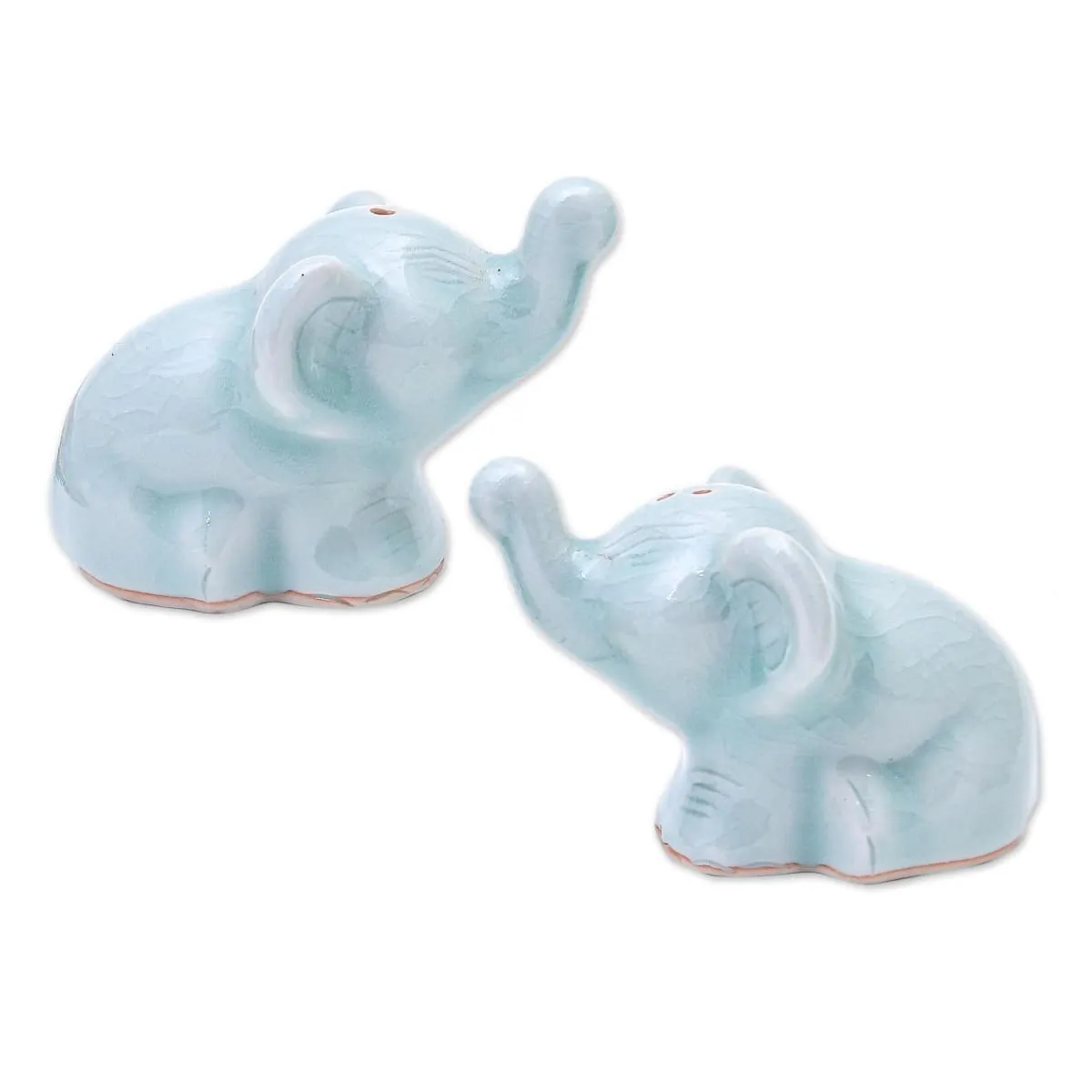 Novica Cheeky Elephants In Aqua Celadon Ceramic Salt And Pepper Set (3 Pieces)