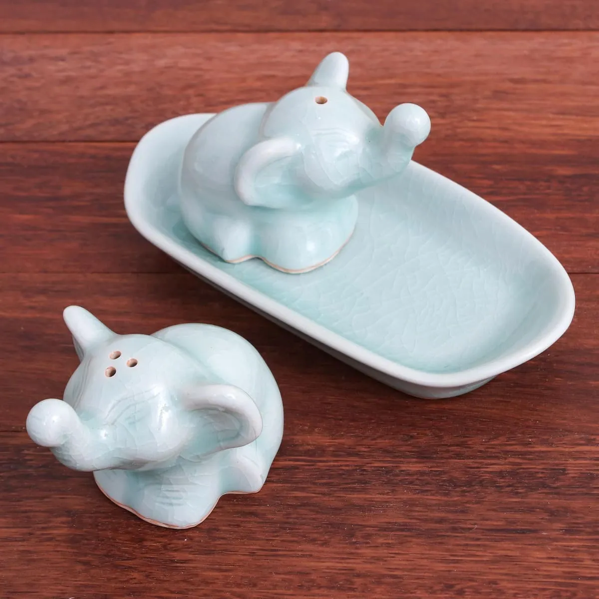 Novica Cheeky Elephants In Aqua Celadon Ceramic Salt And Pepper Set (3 Pieces)