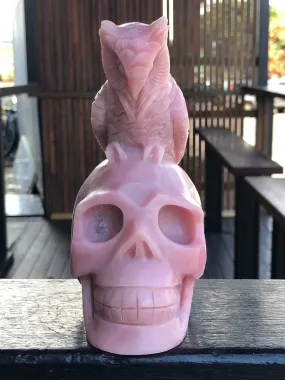 Peruvian Pink Opal Skull and Owl Sculpture [1k996]