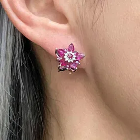 Ruby & Diamond Cluster Stud Earrings